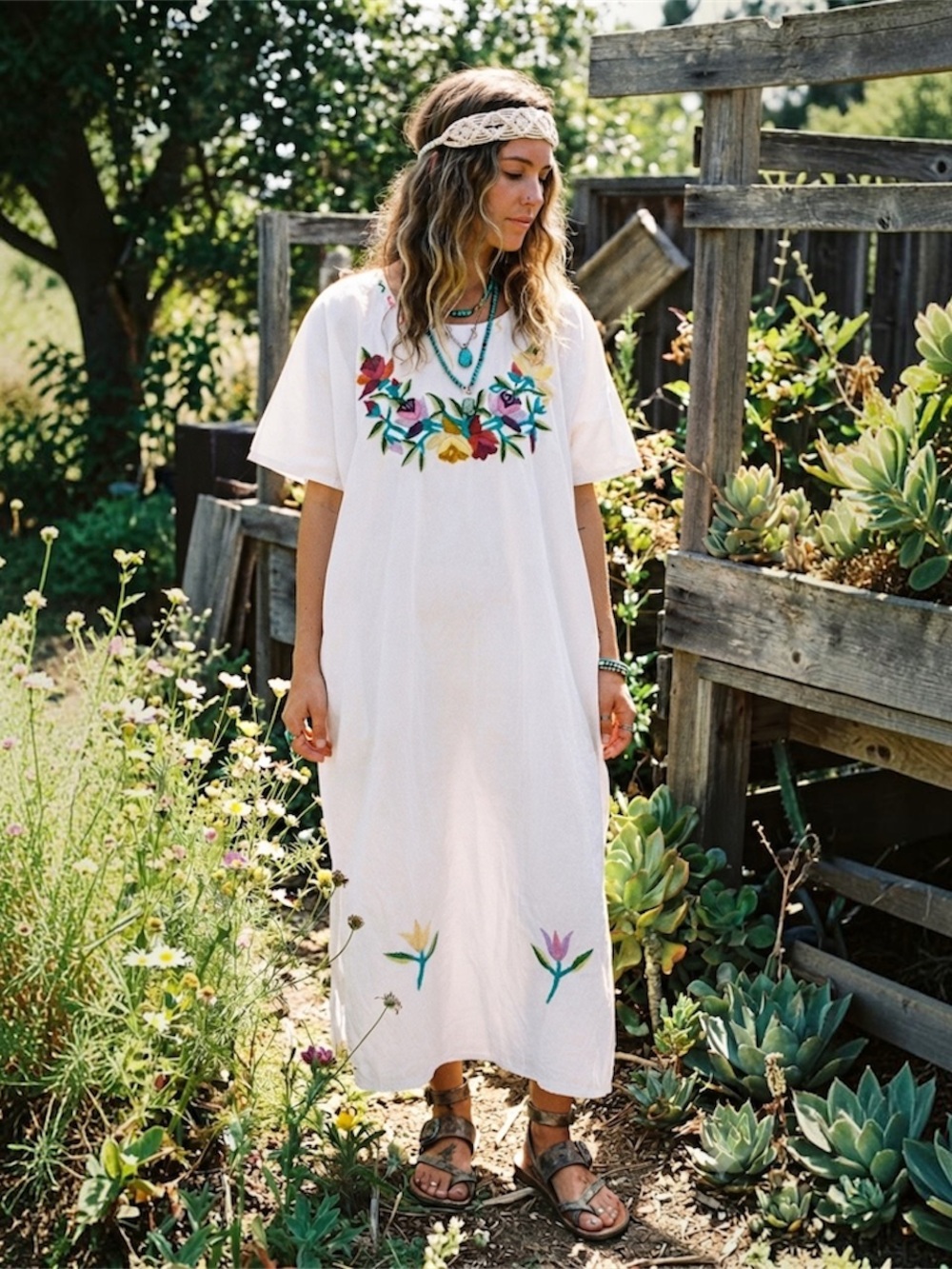 Boho Mexican Embroidered Dress White Floral Artisan Folk Tunic One Size